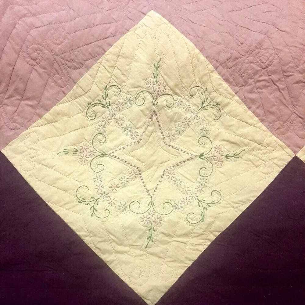 Vintage Purple Quilt Hand Embroidered and Hand Quilted Queen 79 x 102 Queen